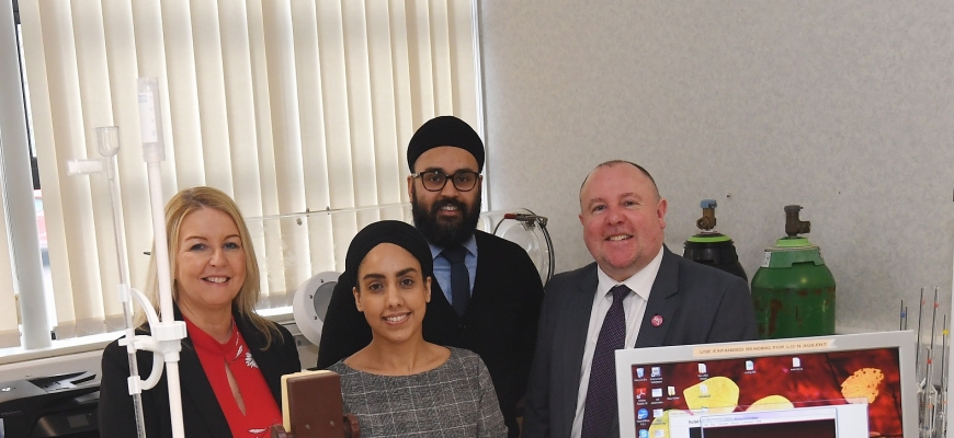 From the left, Justine Chadwick (CWLEP Growth Hub), Taran Kaur and Daya Singh (Exeter Analytical) and Cllr Jim O’Boyle (Coventry City Council)  